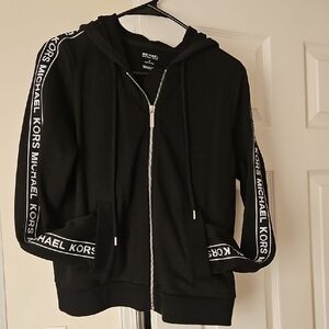 Michael Kors Black Hoodie with White Logo Tape and Silver Zipper